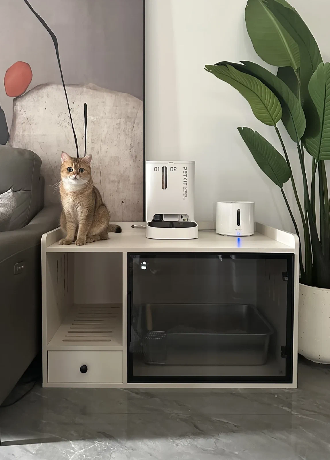 Glass-front cabinet in daily use