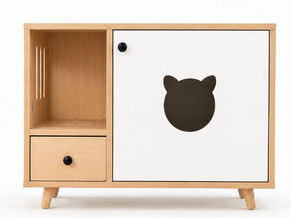 Side-Entry Litter Cabinet — Natural wood and warm white