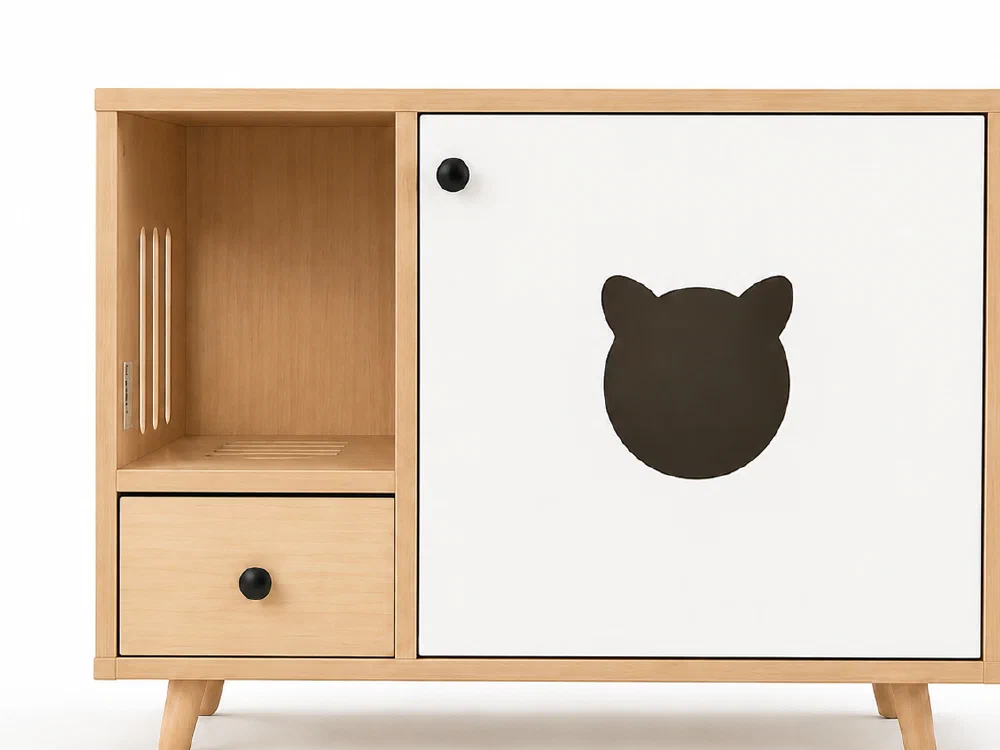 Side-Entry Litter Cabinet — Natural wood and warm white