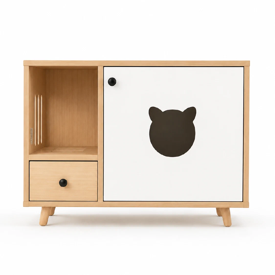 Side-Entry Litter Cabinet — Natural wood and warm white