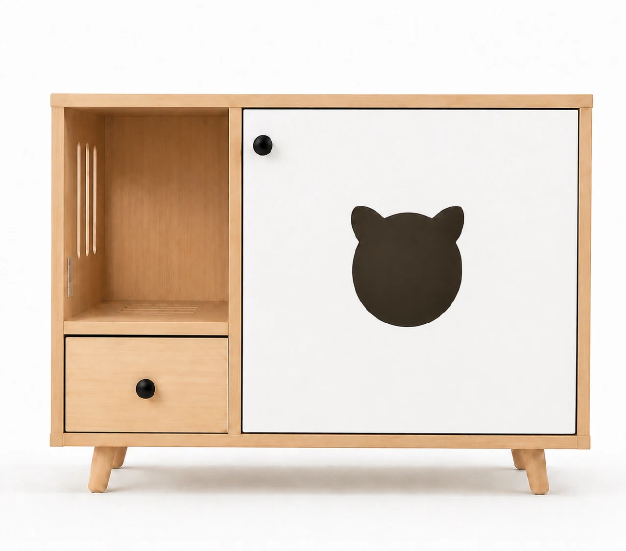 Side-Entry Litter Cabinet — Natural wood and warm white